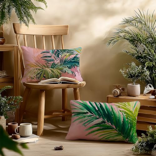 Image of Summer Pink and Green Tropical Palm Leaf Decorative Throw Pillow Cover Decor 20x12,Palm Leaf Botanical Decorative Lumber Beach Plant Throw Pillow Cover for Cabin Couch Double-Sided Set of 2