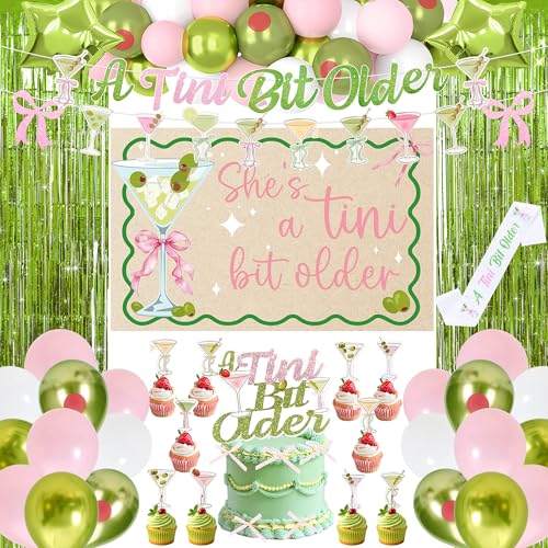 A Tini Bit Older Birthday Decorations Green Pink Glitter A Tini Bit Older Banner Sash Balloons Cake Toppers Bow Fringe Curtain Martini Backdrop for Girls Women Bachelorette Martini Bar Party Supplies