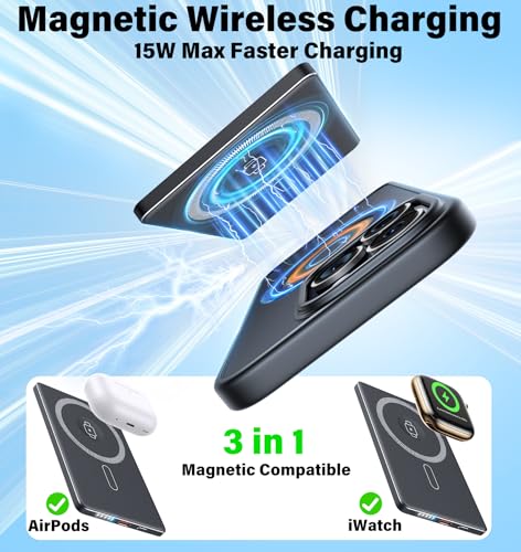 Image of 3-in-1 5000mAh for Magsafe Power Bank Thin Slim 22.5W Fast Charging Type C Magnetic Battery Pack Powerbank for Travel, Mini Wireless Portable Charger for iPhone 17 16 15 14 13 12 Watch Android, Black