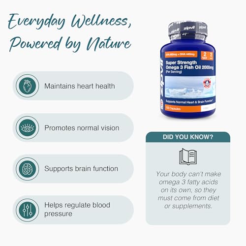 Omega 3 Fish Oil 2000mg, EPA 660mg DHA 440mg per Daily Serving. 120 Capsules (2 Months Supply). Supports Heart, Brain Function and Eye Health. 2 Capsules Per Serving
