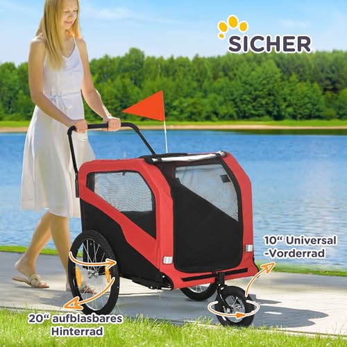 PawHut 2-in-1 Hundeanhänger, Fahrradanhänger für Hunde, Hundewagen mit Reflektoren, Hundebuggy max. 30 kg, Hundefahrradanhänger für Große Hunde, Oxford-Gewebe, Rot