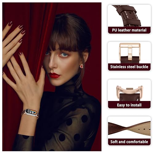 KoGiio Strap Compatible with Xiaomi Smart Band 9/8, PU Leather Adjustable Watch Band, Soft Replacement Bracelet Strap - Reddish Brown - Image 2