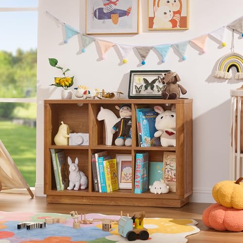 Joaxswe 6 Cube Storage Book Shelf, 40" Wide Low Horizontal Bookcase with Curved Edge, Floor Standing 2-Tier Wooden Bookshelf with Base, Modern Short Book Case for Bedroom, Study, Entryway, Brown - Image 8
