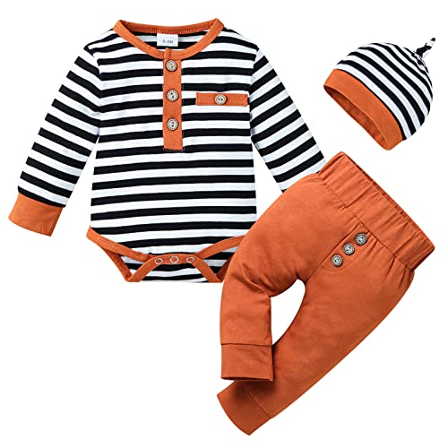 Image of ODASIRA Newborn Baby Boy Clothes Infant Long Sleeve Stripes Romper Fall Winter Outfits Solid Pants 3Pcs Set