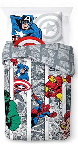 Jay Franco Marvel Comics Comic Cool, Parure de lit Enfant 140x200 cm, 100% Coton, lit 1 Personne - Comprend Housse de Couette & taie d'oreiller - Convient aux Lits de 90x190cm à 90x200cm