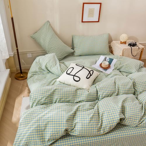 Image of EAVD Mini Blue Yellow Plaid Duvet Cover Queen Soft Cotton Reversible Grid Plaid Bedding Set with 2 Pillowcases Modern Style Geometric Grid Plaid Pattern Duvet Cover with Zipper Closure