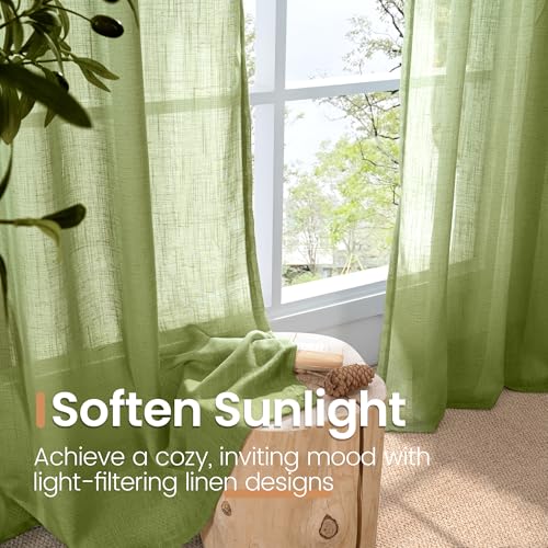 Image of BGment Olive Green Linen Curtains 36 Inch Length for Short Kitchen Window - Rod Pocket Small Drapes Sheer Light Filtering for Cafe Bedroom Decor Lightweight Natural Rustic, 2 Panels Set, 42 X 36 Inch