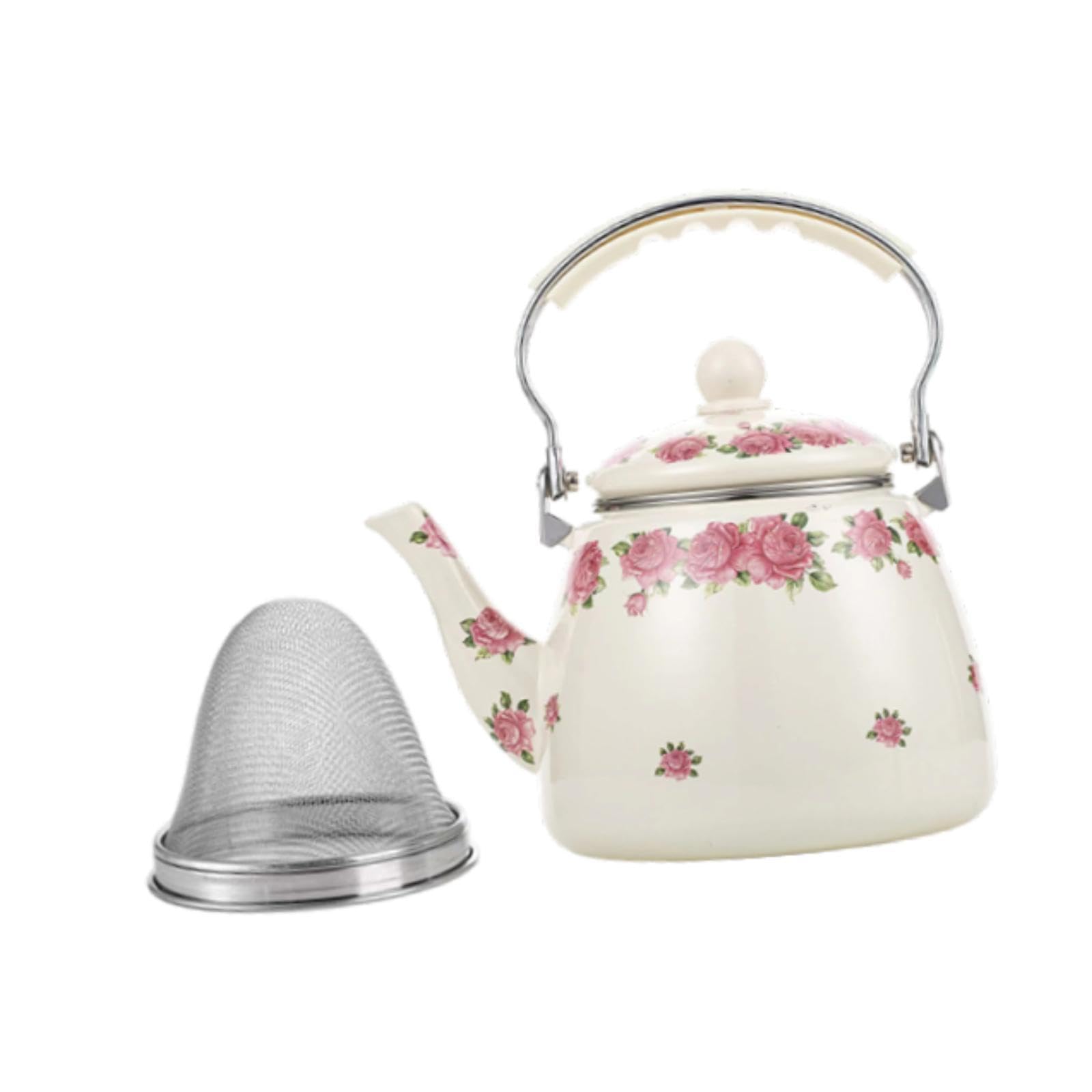 Emaille-Teekessel, Wasserkocher, 3,3 l, robuste Vintage-Blumen-Emaille-Kanne, Kaffeekanne für Zuhause, Restaurant, Kaffee, Tee, heißes Wasser, Rosa