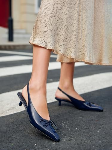 Image of Coutgo Womens Slingback Kitten Low Heels Dress Shoes Closed Pointed Toe Bow Tie Slip on Office Work Pumps