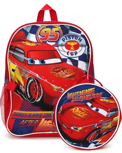 Fast Forward Lightning McQueen Boys Backpack and Lunch Box Set - 2 Piece 15 Inch School Backpack With Detachable Lunch Bag Lightning McQueen Blue/Red