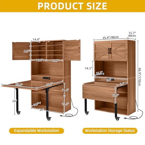 DWVO Sewing Craft Table with Storage, Craft Armoire with Fold-Out Table and USB Power Outlets, Large Capacity Sewing Cabinet with Adjustable Shelves for Home or Studio - Image 4