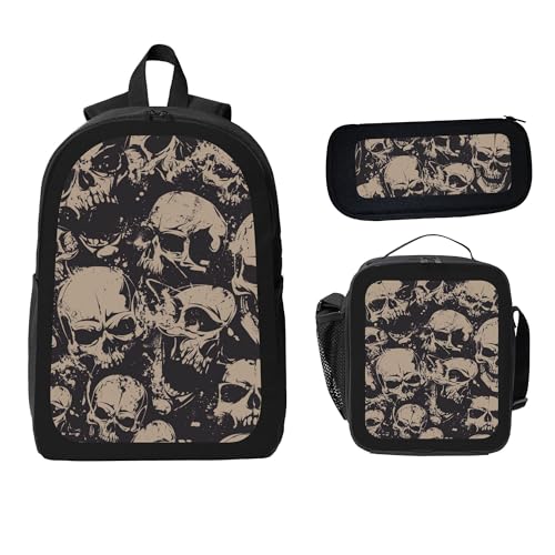 Bohemian Skull Cool 3 Pcs 17 Inches Backpack Set with Insulated Lunch Bag And Pencil Pouch Large Back Pack for Men Women Lunchbox Pencil Case Waterproof Backpacks Lunch Box 3 Piece Daypacks2