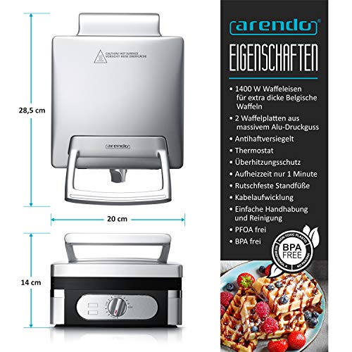 Arendo - Waffeleisen 1400 Watt – Waffelautomat BPA und PFOA frei – doppelt - 2 Waffeln a 8,5 x 14,5 cm… – Bild 3