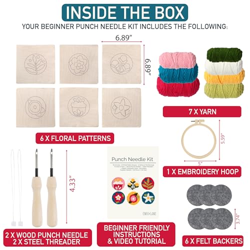 Image of Emri Lane Punch Needle Kit - 6 Floral Design Punch Needle Embroidery Kit w /Monk Cloth, Embroidery Hoop, Yarn & More - Essential Punch Needle Supplies for Crafters - Ideal Punch Art for Beginners