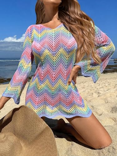 Womens Crochet Knit Color Block Swimsuit Coverup Mini Dress Summer 2025 Long Sleeve Beach Bathing Suit Cover Up2