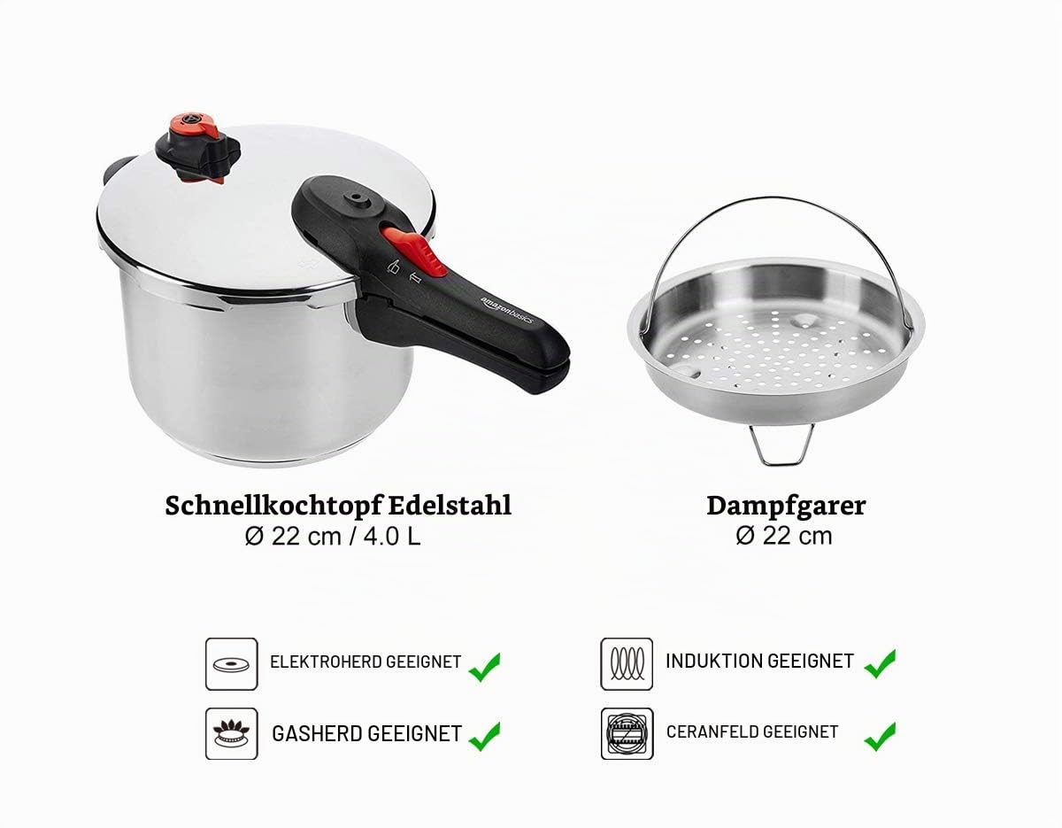 Amazon Basics Schnellkochtopf aus Edelstahl - induktionsgeeignet - 4 Liter & Schnellkochtopf aus Edelstahl - mit Dampfgarer, induktionsgeeignet - 6 Liter