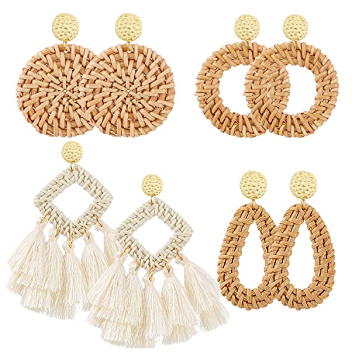 4 Pairs Rattan Earrings For Women Girls Lightweight Geometric Tassel Woven Bohemian Statement Earrings Handmade Straw Wicker Braid Teardrop Hoop Drop Dangle Earrings (Style-2) #TOP5