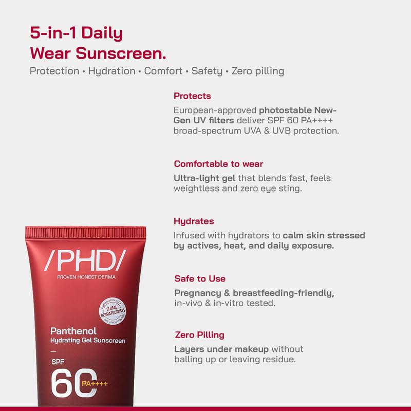 Image of /PHD /Panthenol Hydrating Gel Sunscreen SPF 60 PA++++ | Lightweight, Non-Greasy & Hydrating Formula | Broad Spectrum UVA UVB Protection | No White Cast |Daily Face Sunscreen for All Skin Types| 150 ml