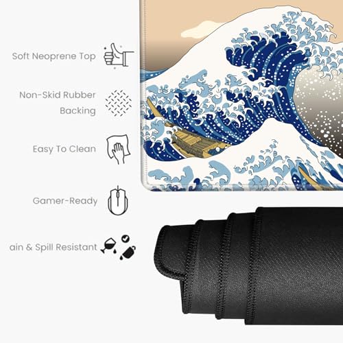 Image of Gaming Mouse Pad Large Mousepad Japanese Sea Wave Desk Mat XXL Big Desk Pad 31.5x15.75 Rubber Base Computer Pad with Stitched Edges Mouse Mat for Work Game Home Office