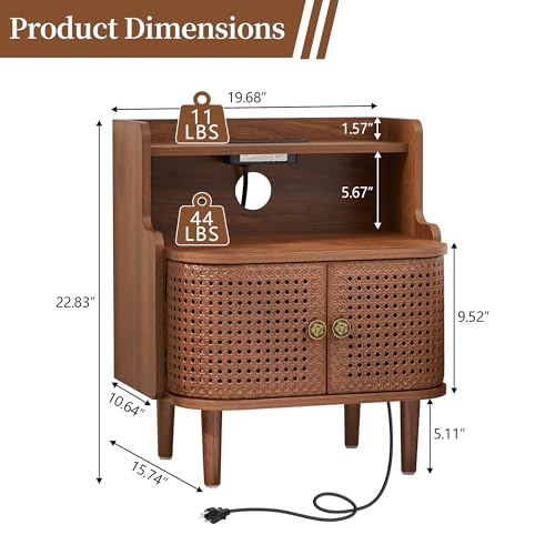 affeivul Metal Rattan End Table Set of 2 with Charging Station, Mid Century Modern Nightstand with 2 Doors, Bed Side Table with Storage for Couch,Living Room, Sofa Side Table for Office,Dorm - Walnut — view 2