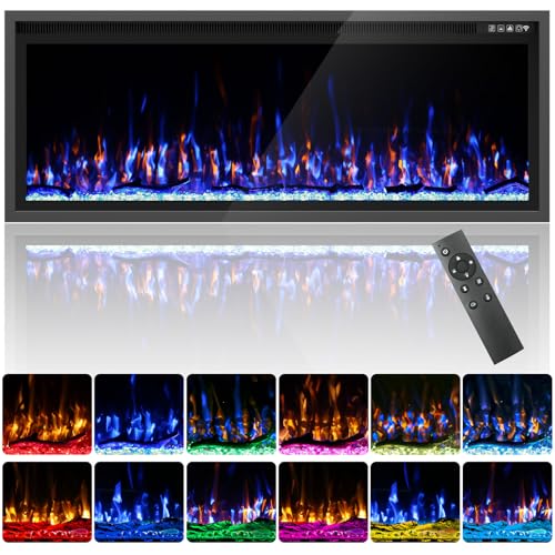 Image of Kucreiheat Electric Fireplace-50'' Luxury Fireplace Wall Mounted & Recessed, Ultra-Slim with Log & Crystal, Remote Control, Thermostat, Timer, 750W /1500W Heater