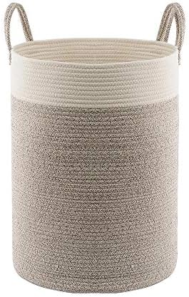 Large Tall Nursery Laundry Basket 21.7 X 15.7in Cotton Rope Storage with Handles Collapsible Organizer for Living Room Baby Toy Blanket Towel Clothes Organizing (White&Brown)