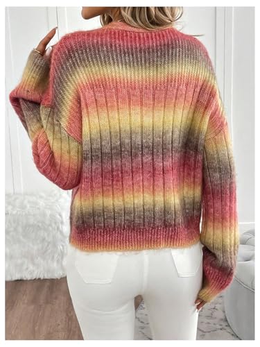 Image of MakeMeChic Women's Colorful Chunky Cropped Cardigans Button Down Long Sleeve Drop Shoulder Rainbow Sweater Rose Red Large