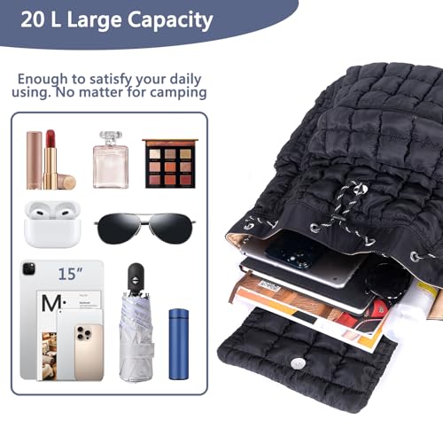 Quilted Puffer Backpack for Women: Large Lightweight Soft Purse Backpacks for Travel Daypack Hiking Gym Sports School College - Cute Trendy Luxury Drawstring Laptop Backpack (Black)4