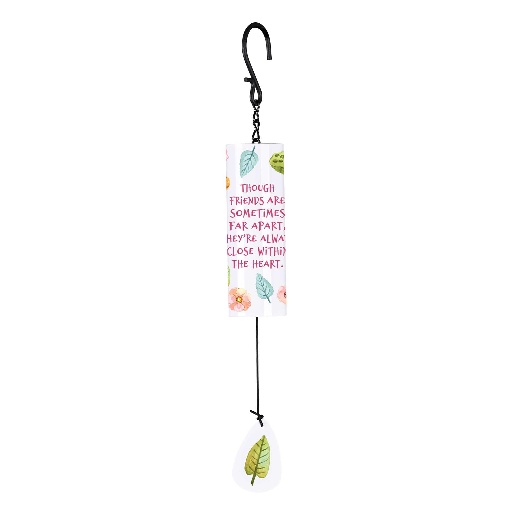 Magnolia Garden 11-Inch Friends Far Apart Inspirational Iron Wind Chime – Long Distance Friendship Outdoor Decor – White Metal Hanging Garden Bell with Floral & Leaf Art