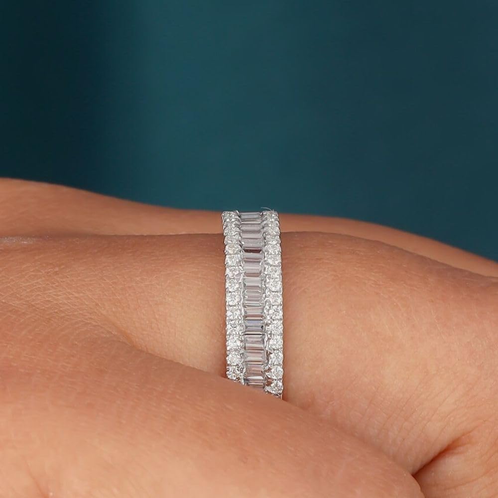 1.50 Ct Baguette Round Diamond Art Deco Three Row Stacking Half Eternity Wedding Bridal Matching Band Engagement Ring for Women 14K White Gold Plated 925 Sterling Silver Handmade Ring