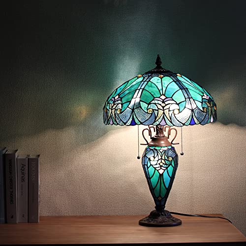 Cotoss CB164383DT Tiffany Table Lamp With Night Light 16 Inch Large Stained Glass Table Light Victorian Style Sea Green Antique 3 Light Desk Lamp thumb #1