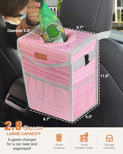 Image of Pritent Car Trash Can with Lid, Cute Leakproof Car Trash Garbage Bag Hanging Vehicle Trash Bin Small Portable Automotive Garbage Cans Organizer for Back /Front Seat /Console(2.8 Gallons,Pink Print)