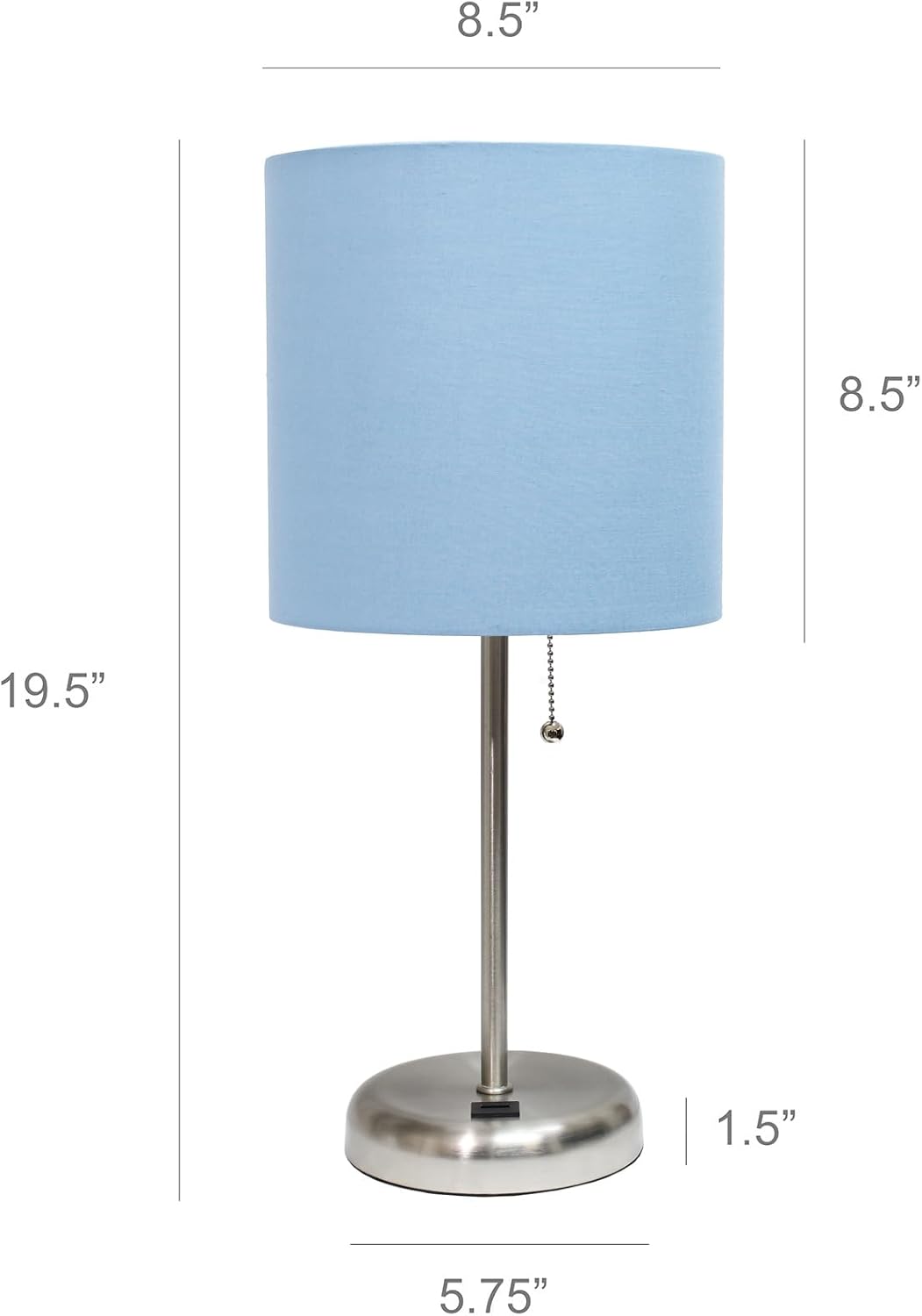 Simple Designs LT2044-BLU-LB Brushed Steel Stick Table Desk Lamp with USB Charging Port and Drum Fabric Shade for Living Room, Hallway, Nightstand, Office, Blue Shade, with Feit LED Bulb Included