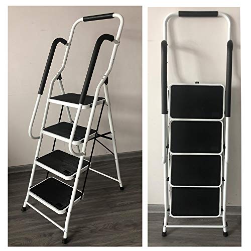 Escabeau 4 Marches Pliant de Sécurité, Main Courante de Sécurité, Acier Robuste, Pliable, pPortable avec Tapis en Caoutchouc Antidérapant – Charge de...