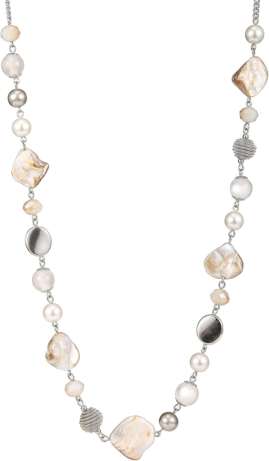 FULU AUTUMN Long Beaded Necklaces for Women Silver Link Chain Necklace with Shell Crystal Beads, Party Gifts for Her