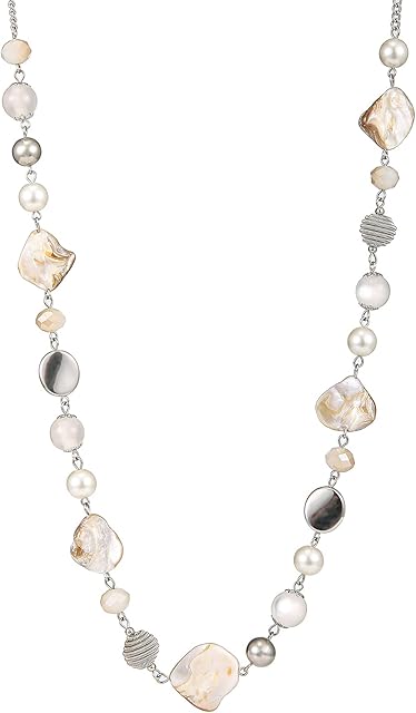 FULU AUTUMN Long Silver Beaded Necklace for Women Chain Necklace with Shell Crystal Pearl Beads Fashion Jewellery Gifts for Girlfriends
