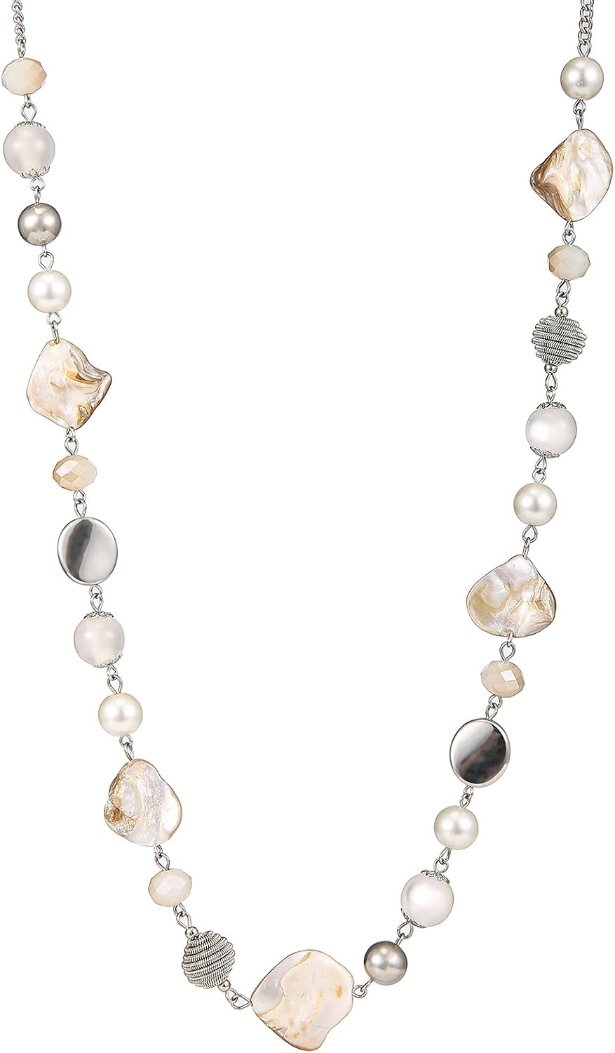 FULU AUTUMN Long Silver Beaded Necklace for Women Chain Necklace with Shell Crystal Pearl Beads Fashion Jewellery Gifts for women(White)