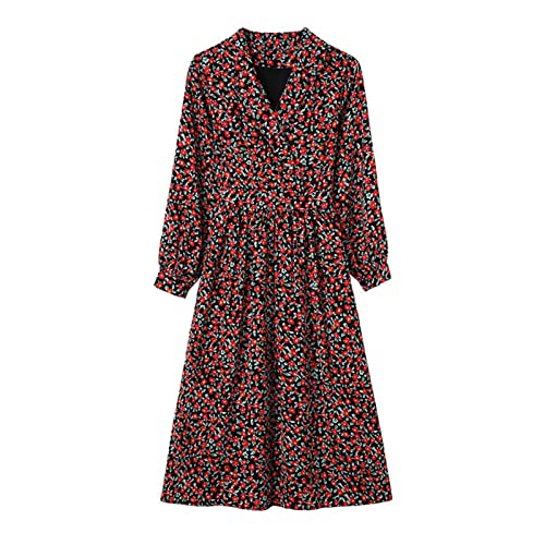 Women's Casual Dresses Fashion V-Neck Floral Print Long Sleeve Midi Length Beach (Color : Photo Col