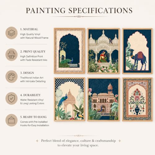 Image of Artsense Royal Mughal Botanical Wall Art Set of 6 | Peacock Palace Arch Floral Heritage Decorative Paintings | Traditional Indian Gallery Wall Decor for Living Room Bedroom Office