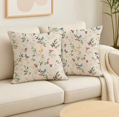 Image of Jaipur Weaves Cushion Cover 16 Inch X 16 Inch - Set of 2, Butterfly Garden 260 GSM Decorative Soft Cushion Covers for Sofa /Bed /Chair, Gift for Home Decor (Cream Garden, 2)