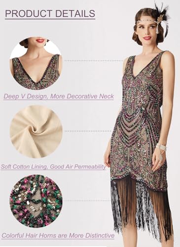 Image of Women Flapper Dresses 1920s V Neck Beaded Fringed Great Gatsby Club & Night Out Dresses