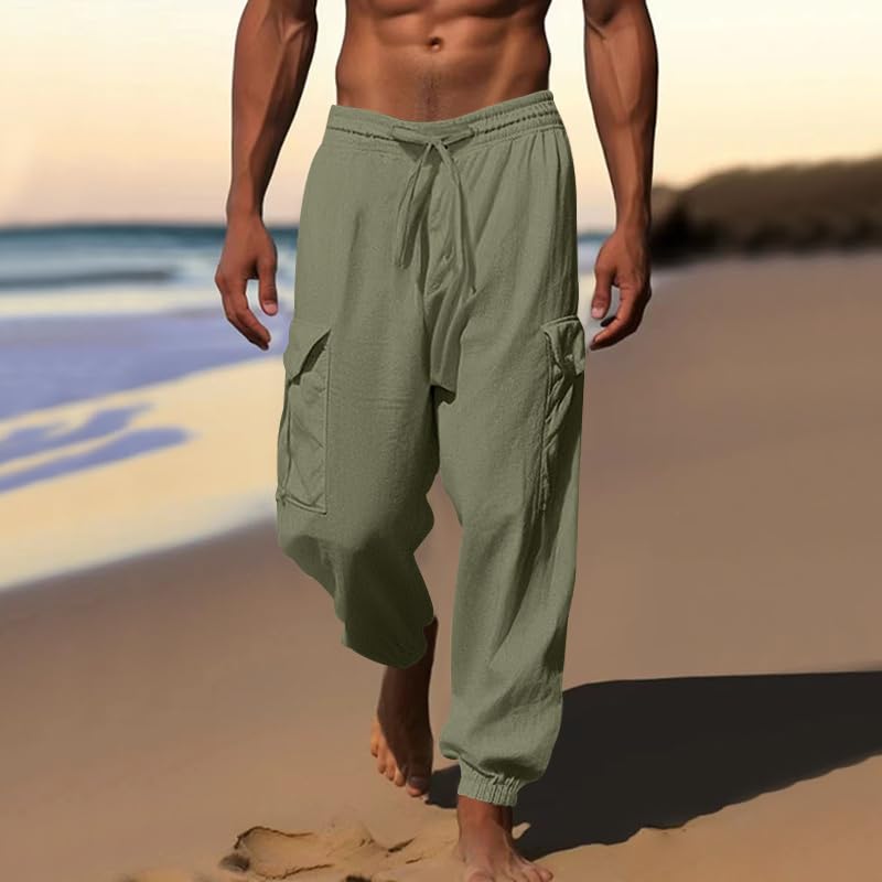 Mens Linen Cargo Pants Solid Beach Casual Tapered Pants Summer Vacation Drawstring Trousers Outdoor Plain Slacks2