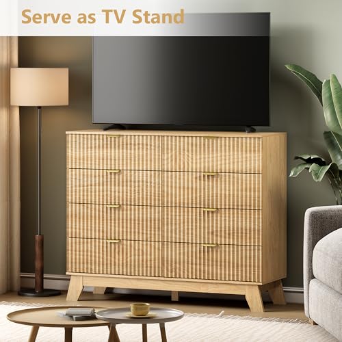 Image of Wodeer 8 Drawer Fluted Dresser for Bedroom, Mid Century Modern Wooden Dresser with 8 Drawers, Dressers & Chests of Drawers with Metal Handle, TV Stand & Storage Organizer for Entryway, Hallway, Oak