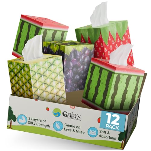 Gaias Premium Bamboo Facial Tissues 12 fruit boxes 3 Ply 80 Sheets/Box - Made From Bamboo Zero Plastic Packaging Eco-Friendly Sustainable Non-Lotion