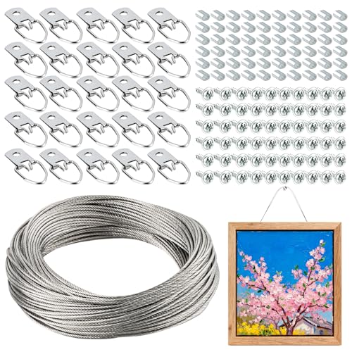 Image of 60pcs Picture Wire Hanging Kit - Maqihan Mirror Hanging Kit Picture Hanging Wire 100 Feet and Picture Frame Hangers D Rings with Screw and Aluminum Sleeves for Photos and Other Wall Hanging