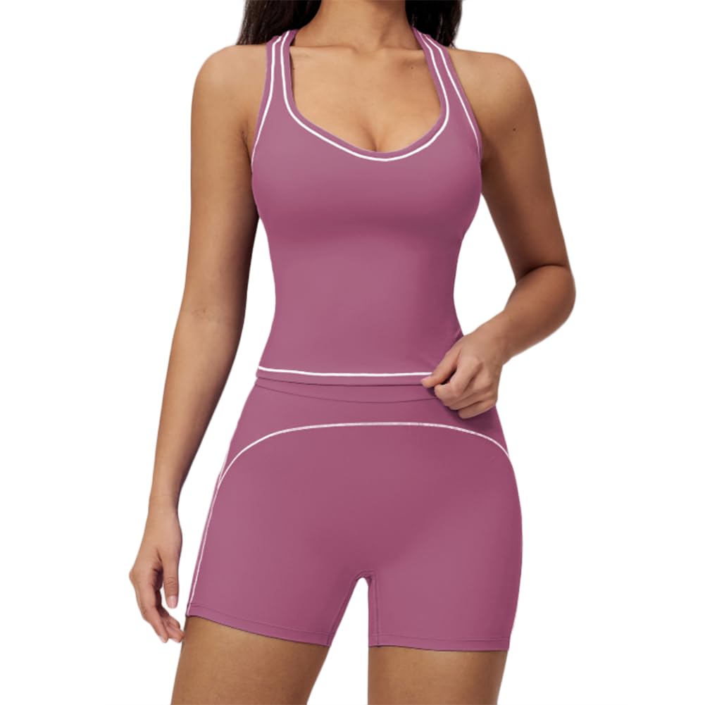 JPXJGT Women's Lightweight Sportswear Set Four-Way Stretch Breathable High Waist Workout Shorts Yoga Tank Top 2Pcs Sports Gym(Size:L,Color:Pink)