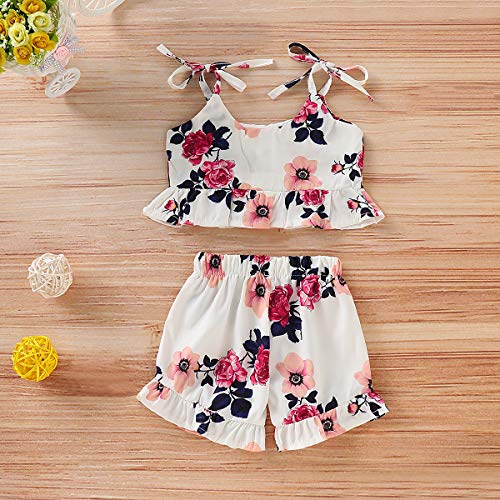 BOEBNOZCV Toddler Little Girl Floral Halter Ruffled Outfits Set Strap Crop Tops+Bell-Bottomed Short Pants 2 PCS Clothes Set (White,12-18 Months)