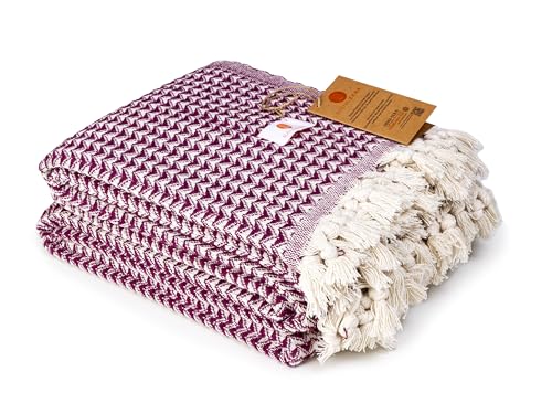 Buena Zeba Traditionelle Sitzbezug Baumwolldecke mit Zickzack-Muster, Fransen, 200 x 235 cm (Rot)