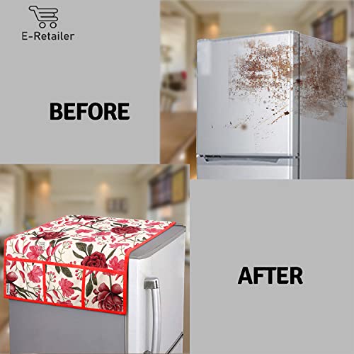 Image of Combo Set of 1 Pc Fridge Top Cover with 6 Utility Pockets And 4 Pc Fridge Mats (Red, Set of 5) (1FC4FM-ROSEFLW-RED)
