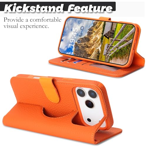 Image of Detachable Genuine Leather Case for iPhone 17 Pro Wallet Case Magnetic 2in1 Removable Flip Cover Book Purse Compatible with Magsafe Charging Kickstand Card Holder-Orange